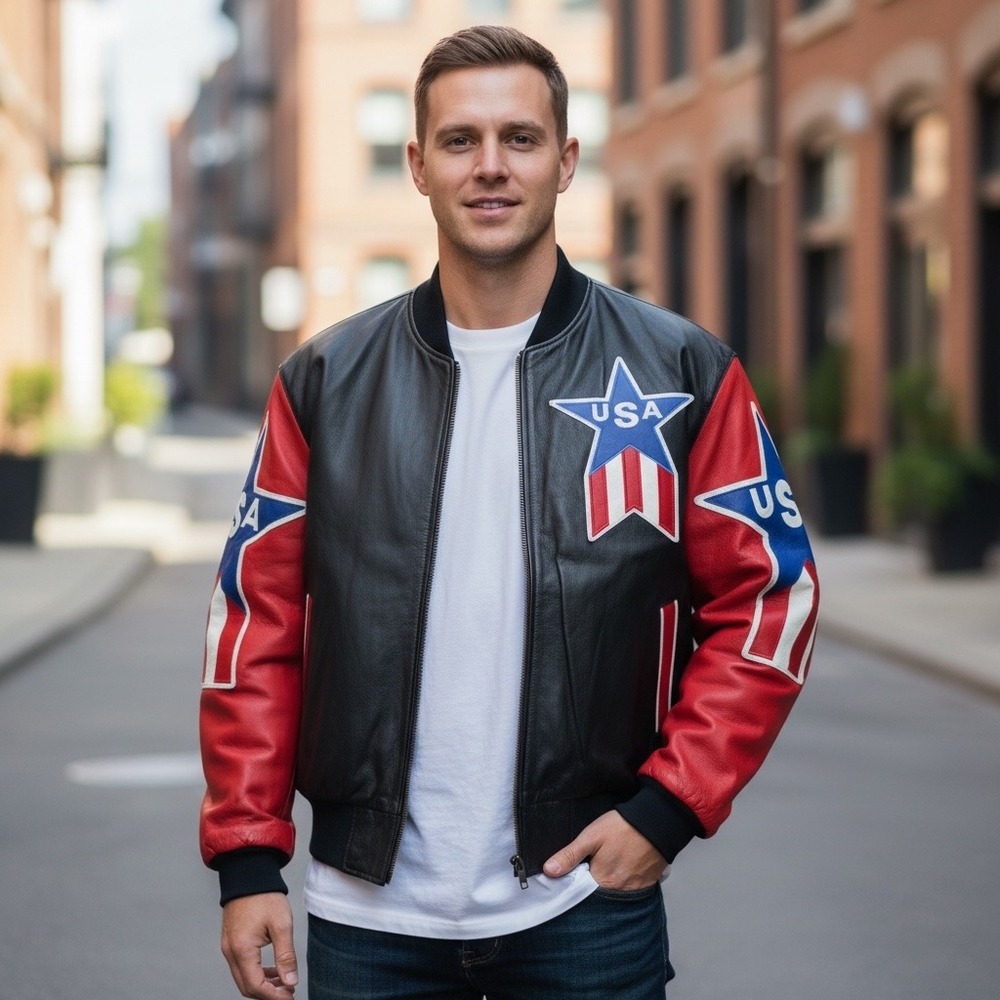 Vintage 90s Michael Hoban Wheremi USA Leather Bomber Jacket Mens LARGE Patriotic